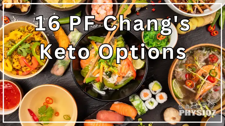 A table filled with various Asian food such as a black bowl of shrimp salad with chopsticks, salad, sushi, soup, etc, which can be ordered from the PF Changs keto menu.