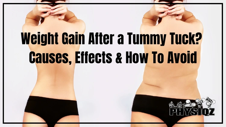 On the left is a slim, petite white woman in short shorts and facing away from the camera and on the right is the same woman after experiencing weight gain after tummy tuck and she has a much higher body fat percentage and excess fat which makes creases on her back.