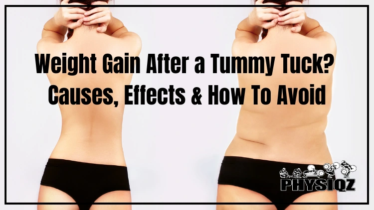 On the left is a slim, petite white woman in short shorts facing away from the camera, and on the right is the same woman after gaining weight post-tummy tuck, showing a higher body fat percentage and excess fat that creates creases on her back.