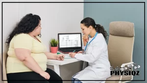 An overweight woman is considering weight loss surgery for 50 pounds overweight and has curly black hair, a yellow t-shirt, and black pants while she sits in front of a doctor in a white lab coat who is jotting down notes.