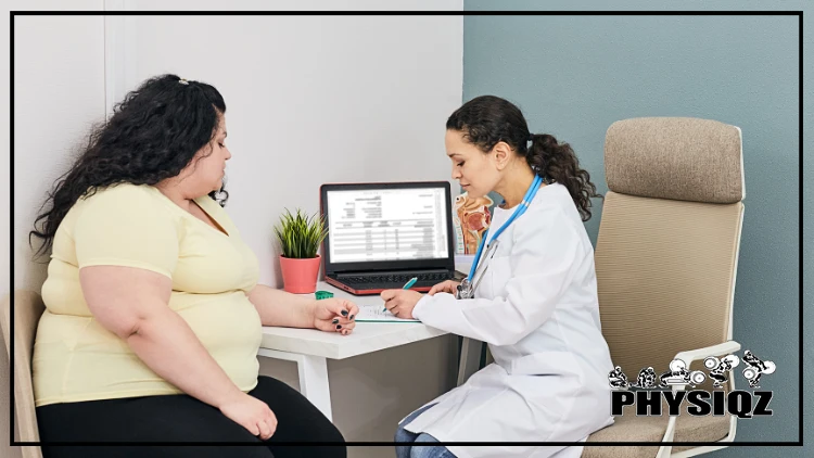 An overweight woman with curly black hair, wearing a yellow t-shirt and black pants, is sitting in front of a doctor in a white lab coat who is jotting down notes, as she considers weight loss surgery for her 50-pound excess weight.