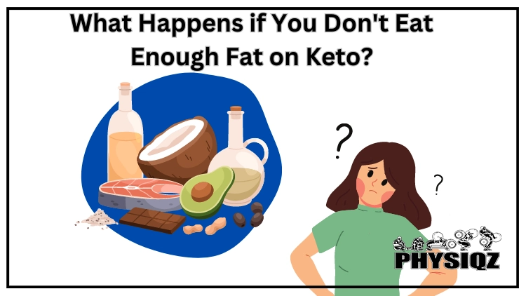 A woman wearing a green t-shirt with question marks over her head while pondering what happens if you don't eat enough fat on keto as she stares at sources of fats which includes a coconut, olive oil, steak, nuts, seeds, and chocolate.